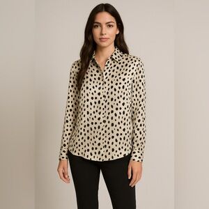Leopard Print Blouse Button Down Black Gray Satin Elegant Day Evening Medium